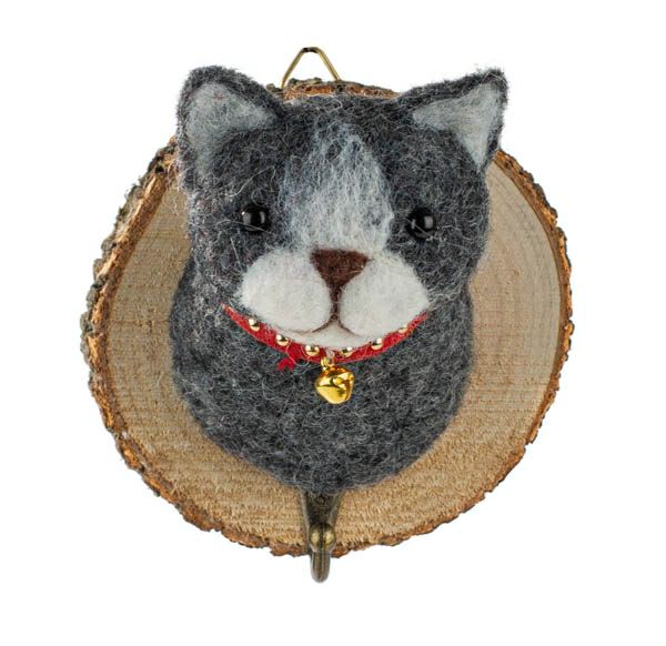 Kleiderhaken mit Filzkopf Katze mit Glöckchen