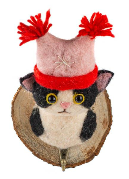 Filz-Kleiderhaken Katze mit Puschel-Mütze