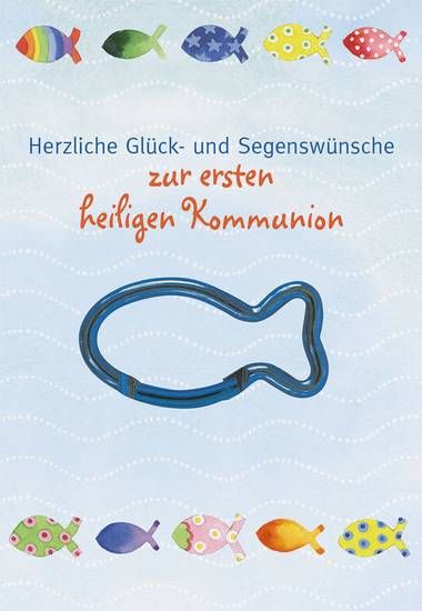 Kommunionkarte  mit blauen  Fisch-Karabinerhaken
